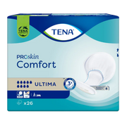 Packaging for TENA ProSkin Comfort Ultima shaped pads, featuring a 9-drop absorbency rating and FeelDry Advanced technology.