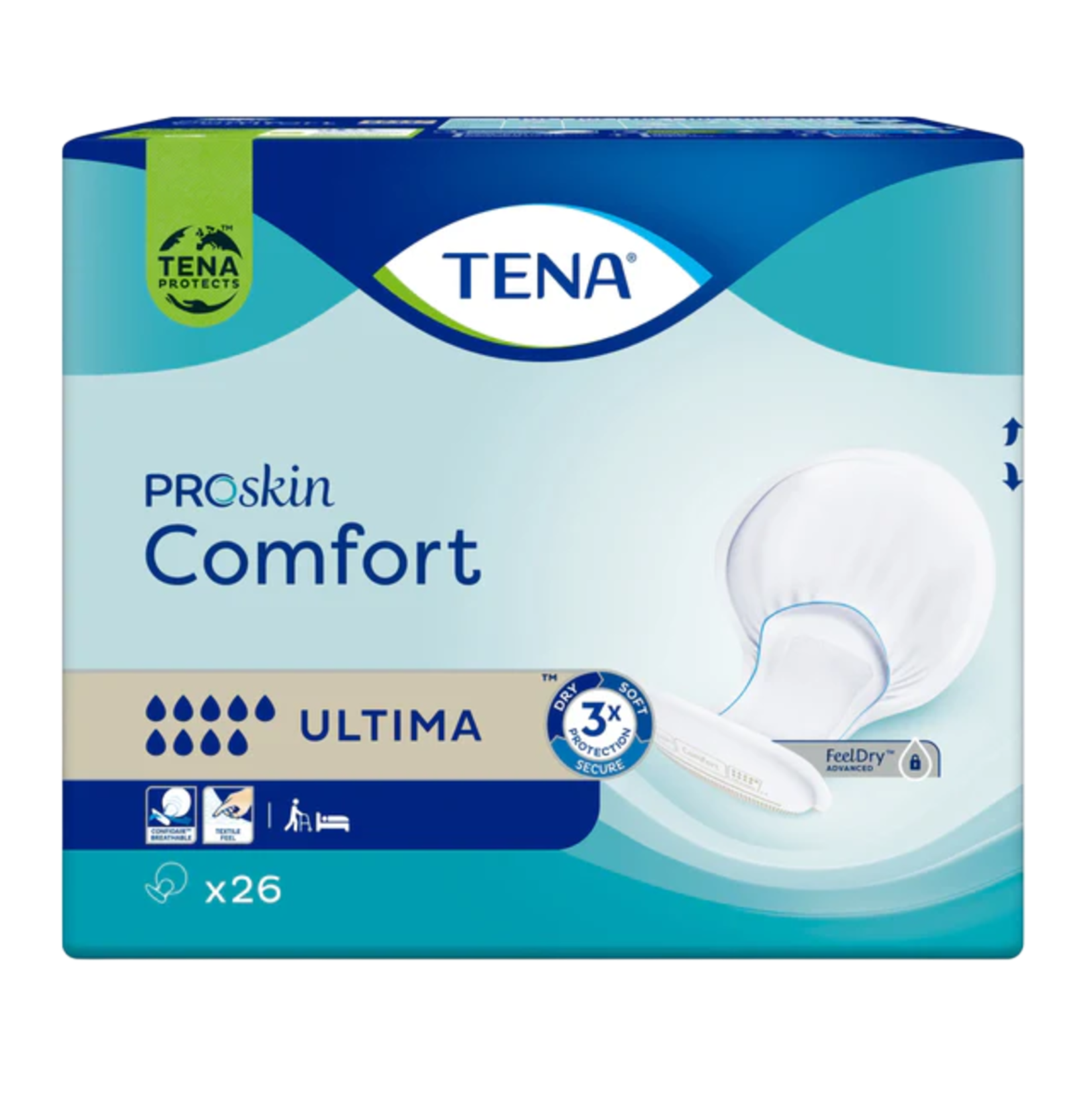 Packaging for TENA ProSkin Comfort Ultima shaped pads, featuring a 9-drop absorbency rating and FeelDry Advanced technology.