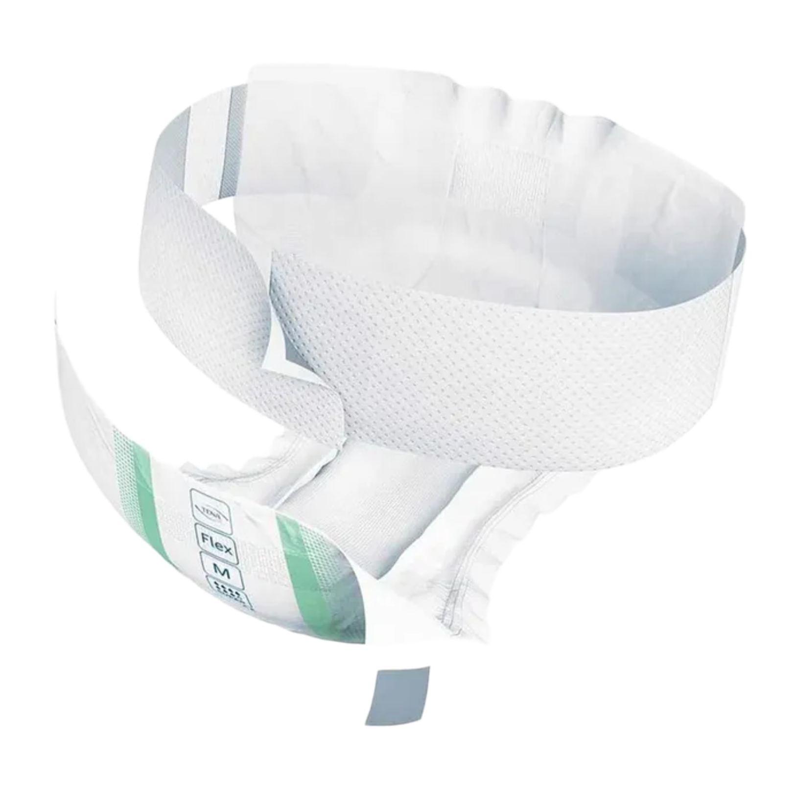 Detailed product view of a TENA ProSkin Flex belted brief in size Medium (M) showing the breathable belt and absorbent core.