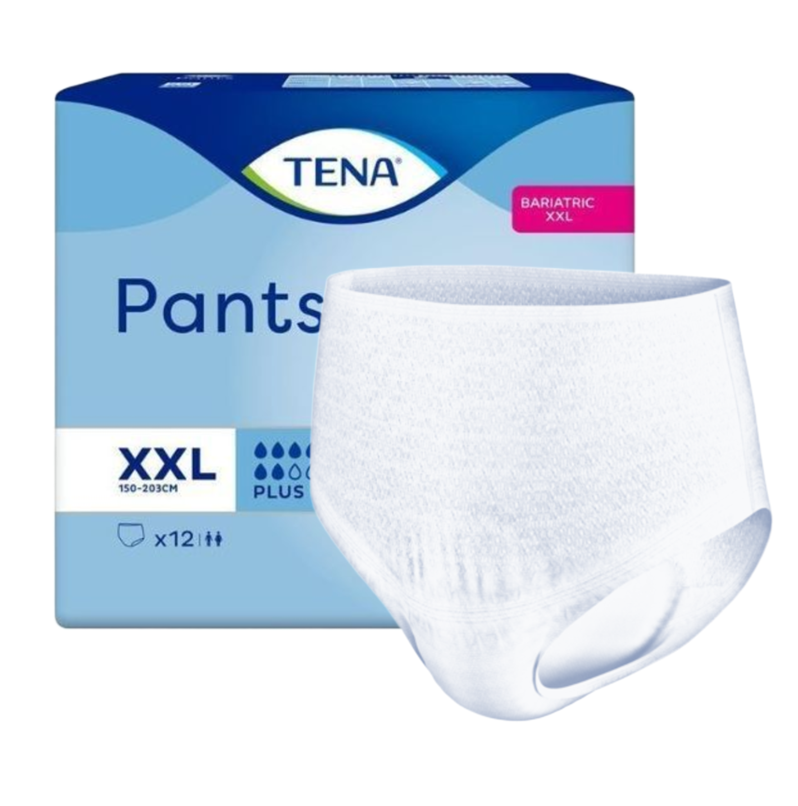 Front view of the TENA ProSkin Bariatric Plus XXL pack, highlighting the "FeelDry Advanced" technology and "Skin Health Alliance" endorsement.