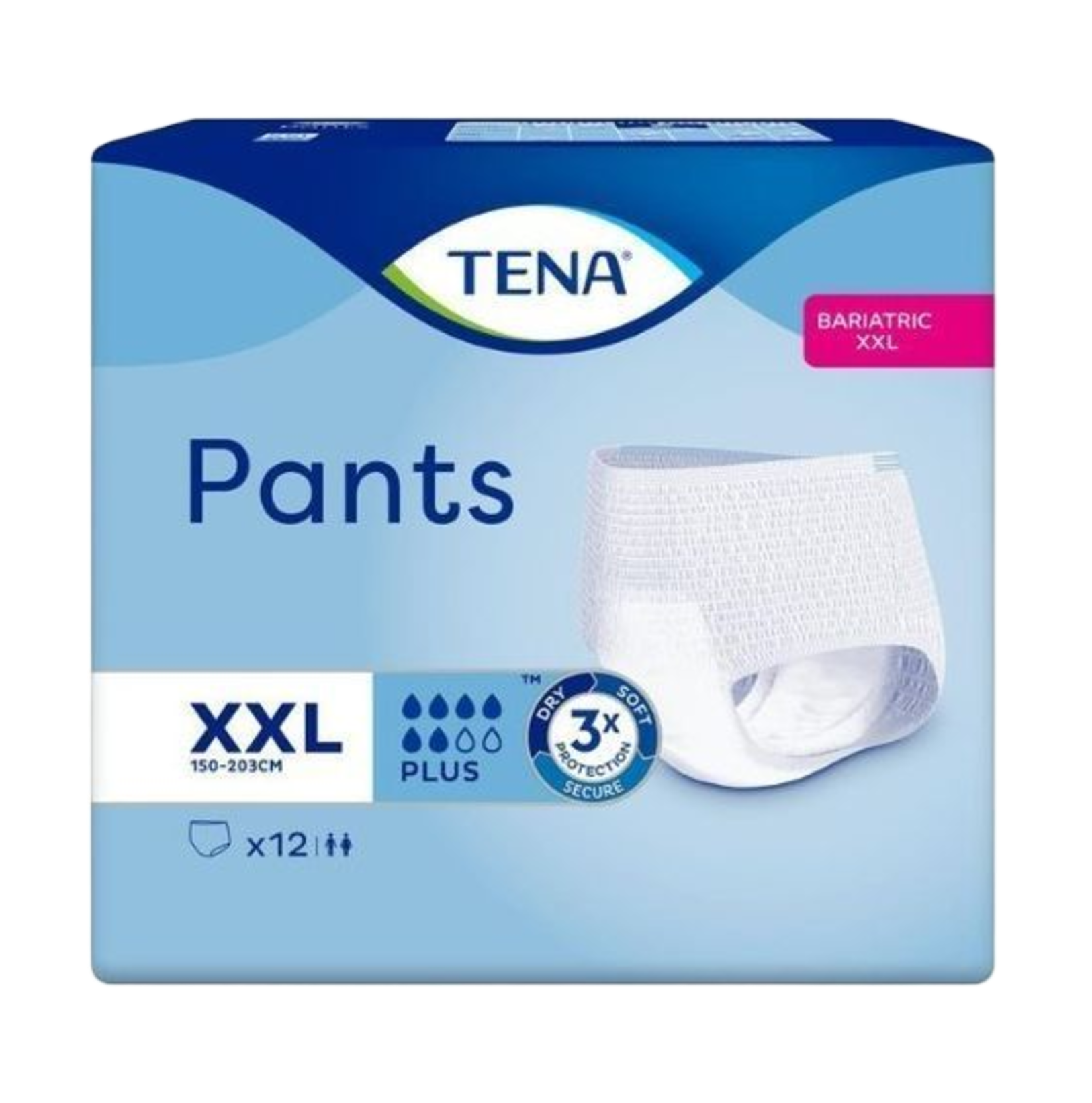 Packaging for TENA ProSkin Pants Bariatric Plus in size XXL, featuring 12 pull-up briefs per pack with a 5.5-drop absorbency rating.