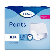 Packaging for TENA ProSkin Pants Bariatric Plus in size XXL, featuring 12 pull-up briefs per pack with a 5.5-drop absorbency rating.