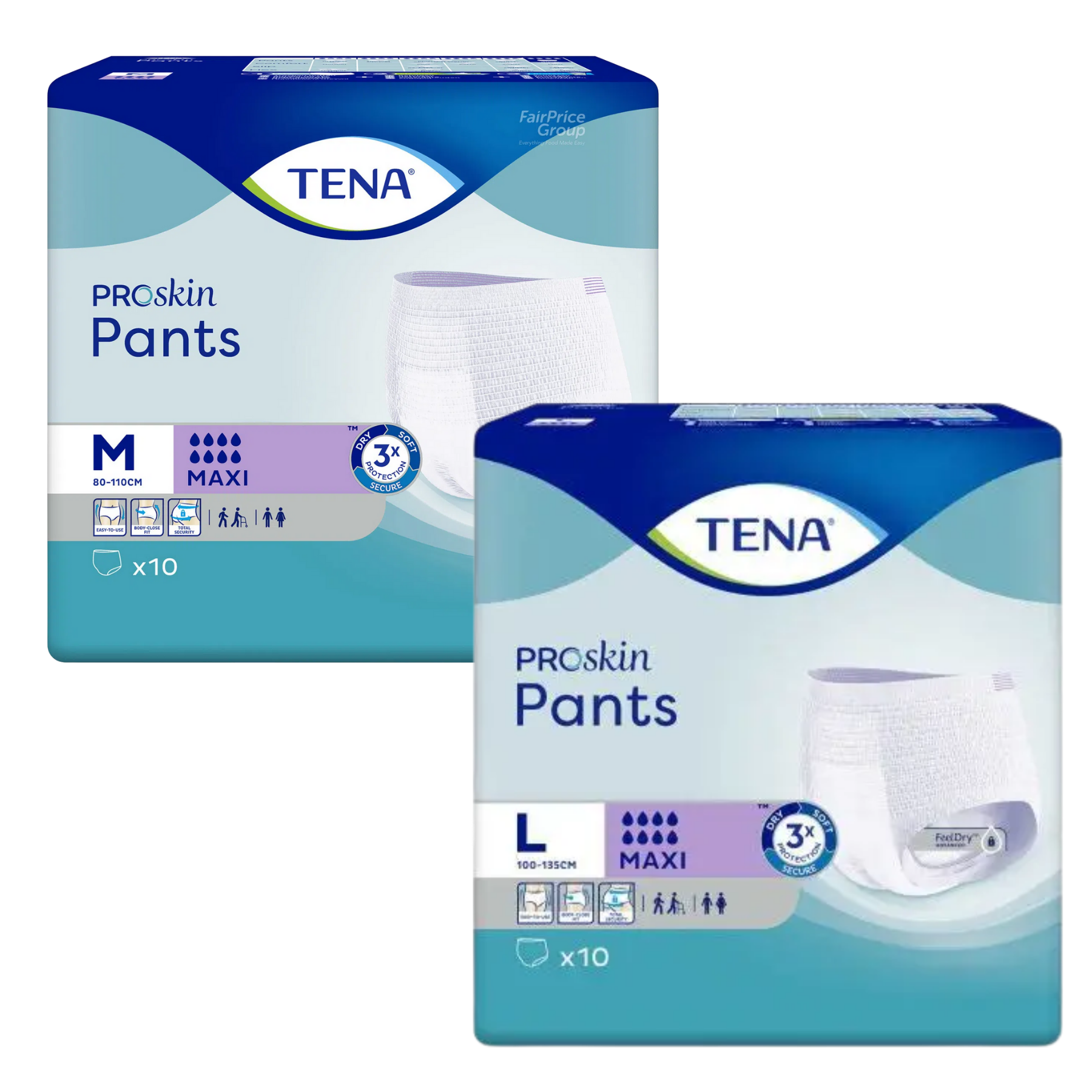 Packaging for TENA ProSkin Pants Maxi in sizes Medium and Large, featuring a 3x protection seal and 10 count per pack.