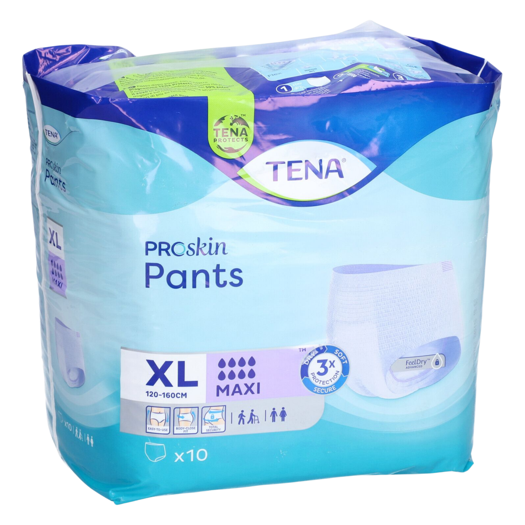 A 10-pack bag of TENA ProSkin Pants Maxi in size Extra Large, showing the pull-up style underwear and absorbent core indicators.