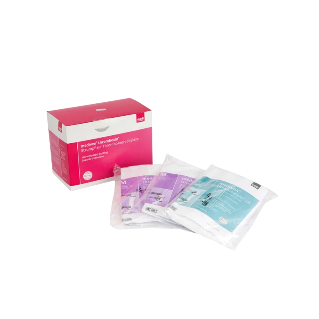 Thrombexin A-E thigh-length stockings with waist attachment, size small, for effective thrombosis prevention.
