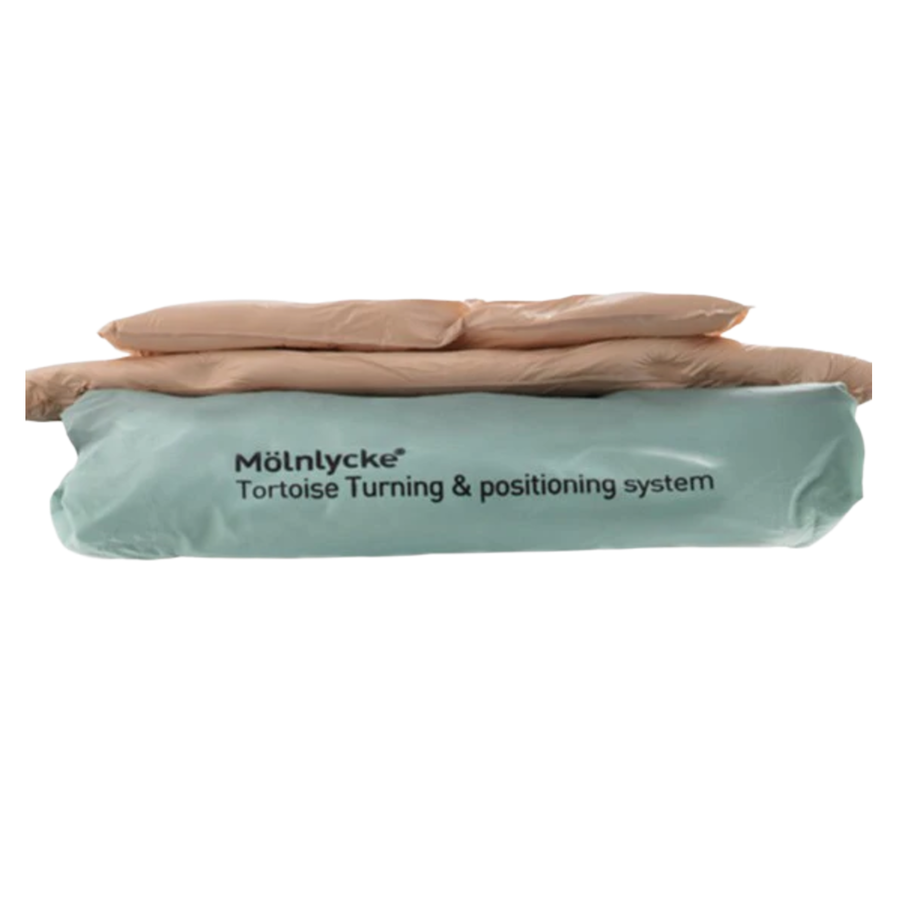 A side view of the Mölnlycke Tortoise Turning and Positioning System components neatly rolled together, featuring the light blue branded mat and the cream-colored foam padding.