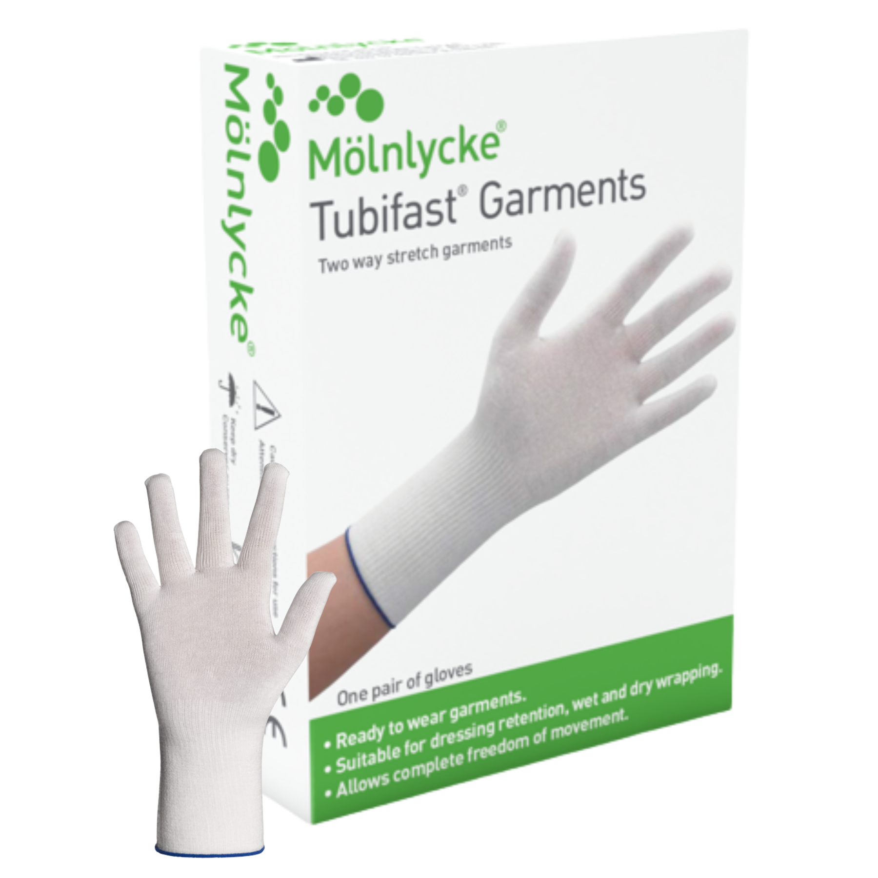 A white Mölnlycke Tubifast Garments box for a pair of gloves, displayed next to a single white knitted glove. The box features green branding and a photo of the glove being worn.