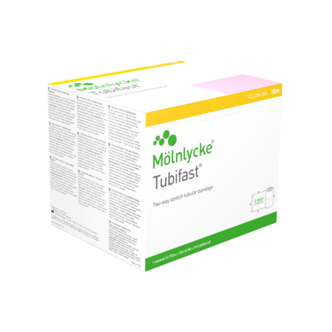 Tubifast Yellow 10m retention bandage offers flexible, breathable tubular dressing fixation for comfortable wound management and healing.