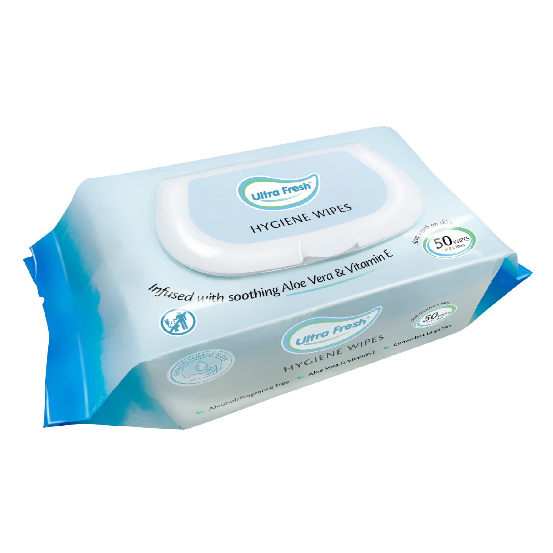 Ultra Fresh Hygiene Wipes in a light blue and white plastic packaging, showing 30 wipes with a 50mm size indicator, on a white background.
