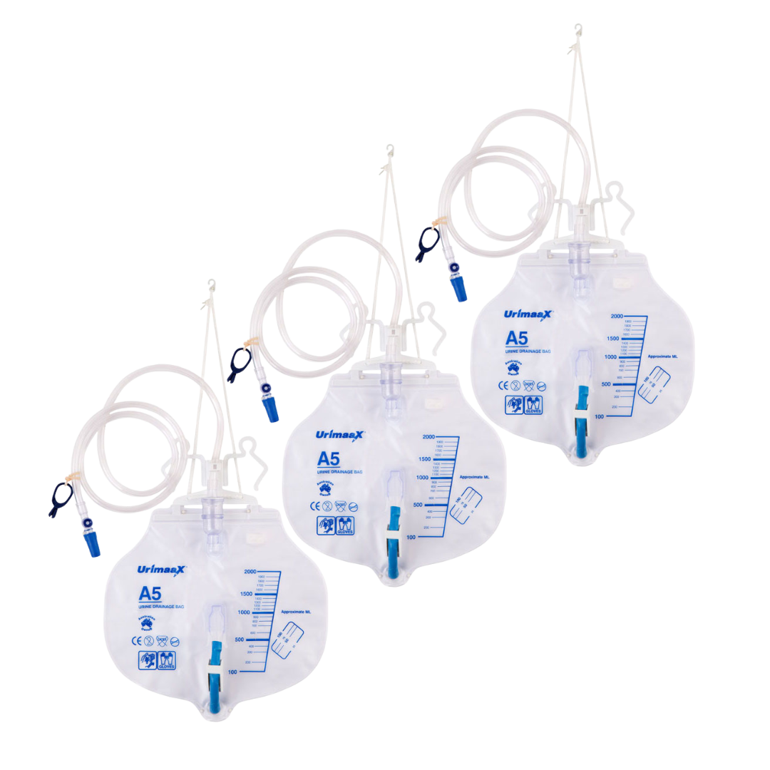 Urimaax closed system drainage bag A5 sterile 2000ml pack with kink-resistant tubing, graduated measurements, and universal connector