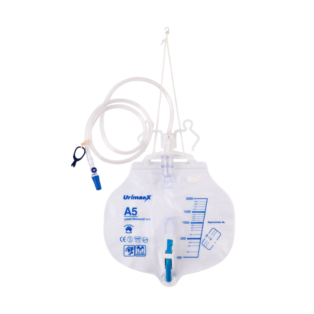 Urimaax closed system drainage bag A5 sterile 2000ml with T-bar drain, anti-reflux valve, needle-free sampling port, and 120cm tubing
