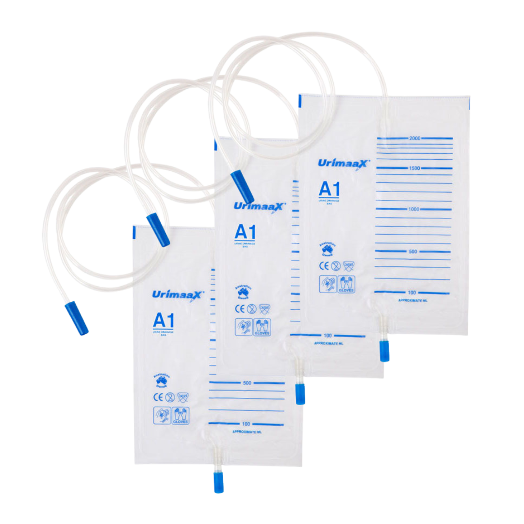 Urimaax A1 drainage bag, non-sterile 2000mL capacity, features push-pull bottom drain, anti-reflux valve, clear graduated measurements, and universal connector for secure fit.
