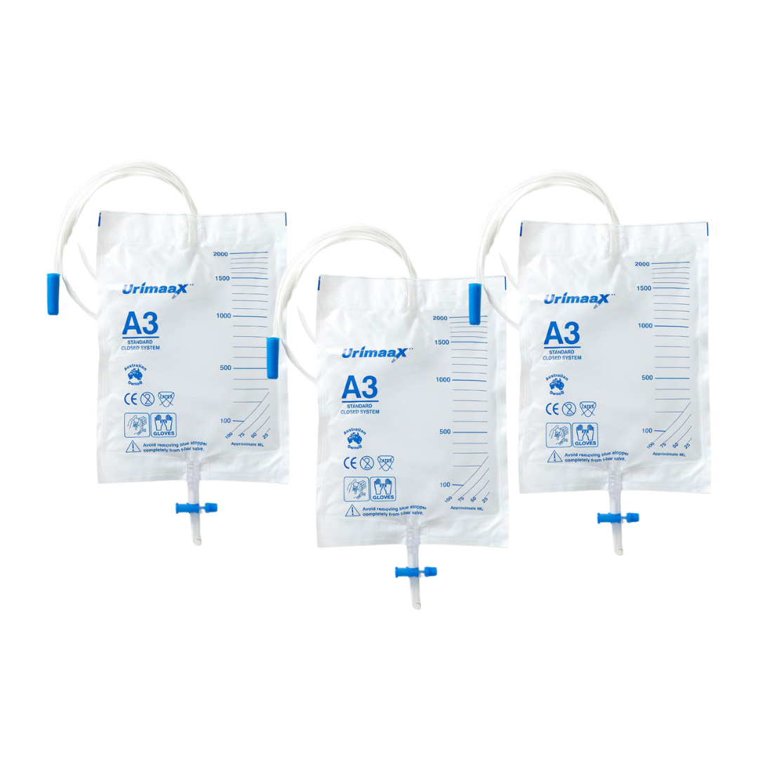 Urimaax drainage bag B/Drain T-Bar A3 Standard 2000ml pack with kink-resistant tubing, universal connector, and clear graduated scale
