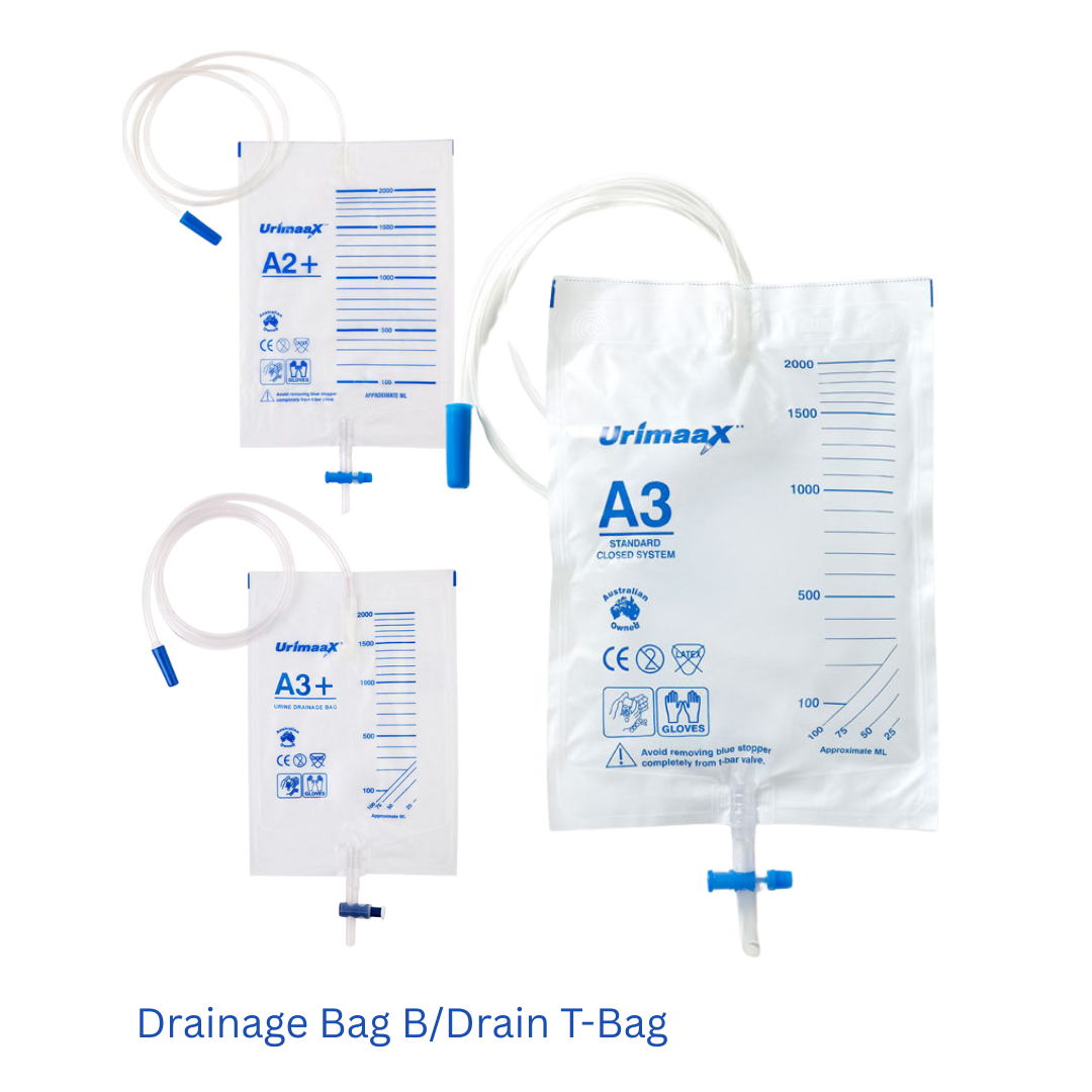 Urimaax drainage bag comparison showing A2+, A3+, and A3 Standard 2000ml with T-bar outlet, anti-reflux valve, and graduated measurements
