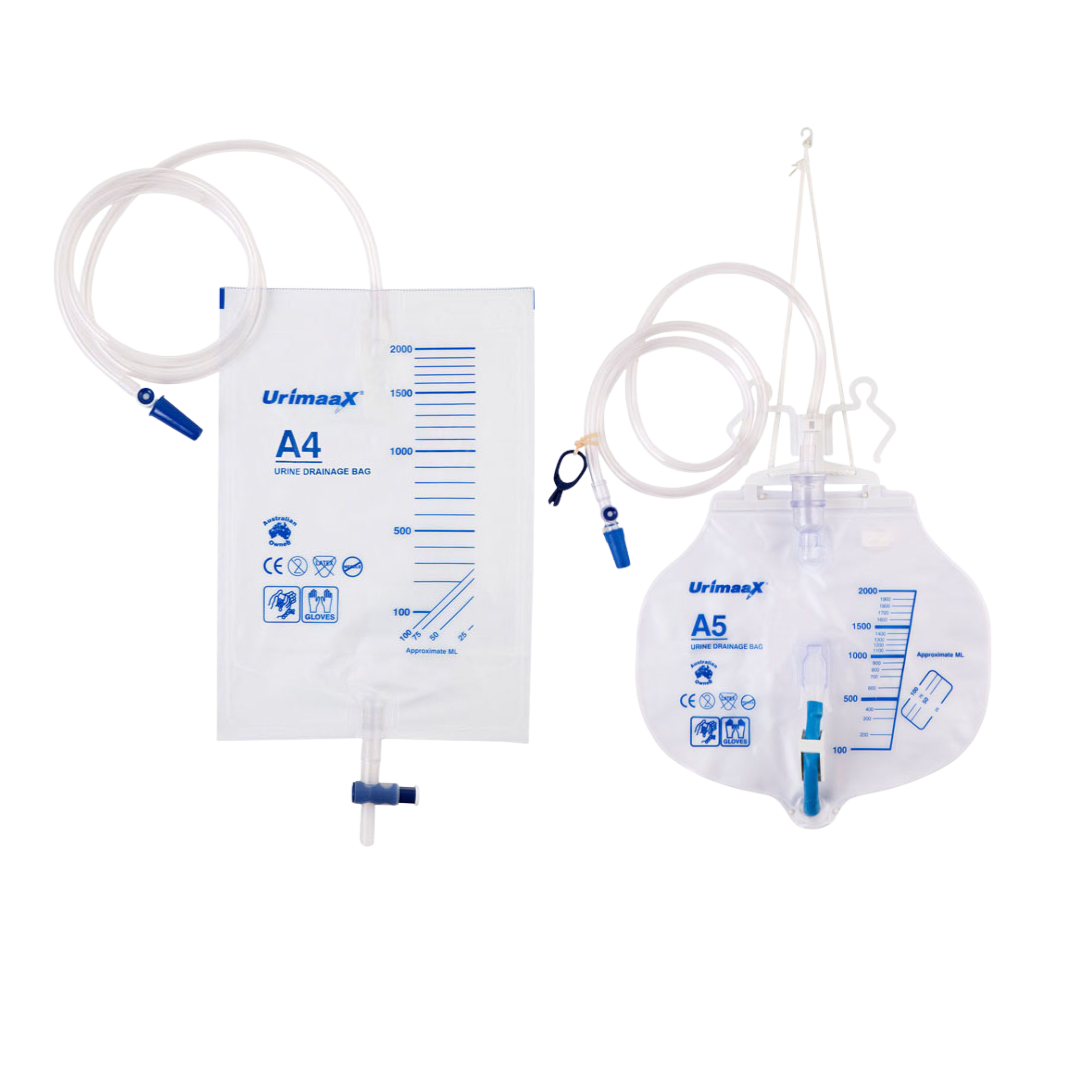 Urimaax drainage bags comparison showing A4 standard bag and A5 closed system sterile 2000ml with T-bar outlet and needle-free sampling port
