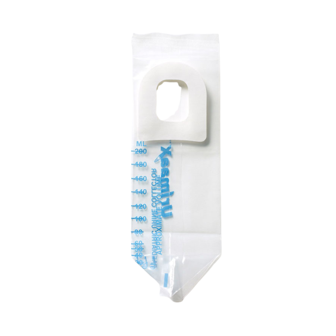 Urimaax infant paediatric drainage bag sterile 200ml with graduated measurements and adhesive backing for secure fit
