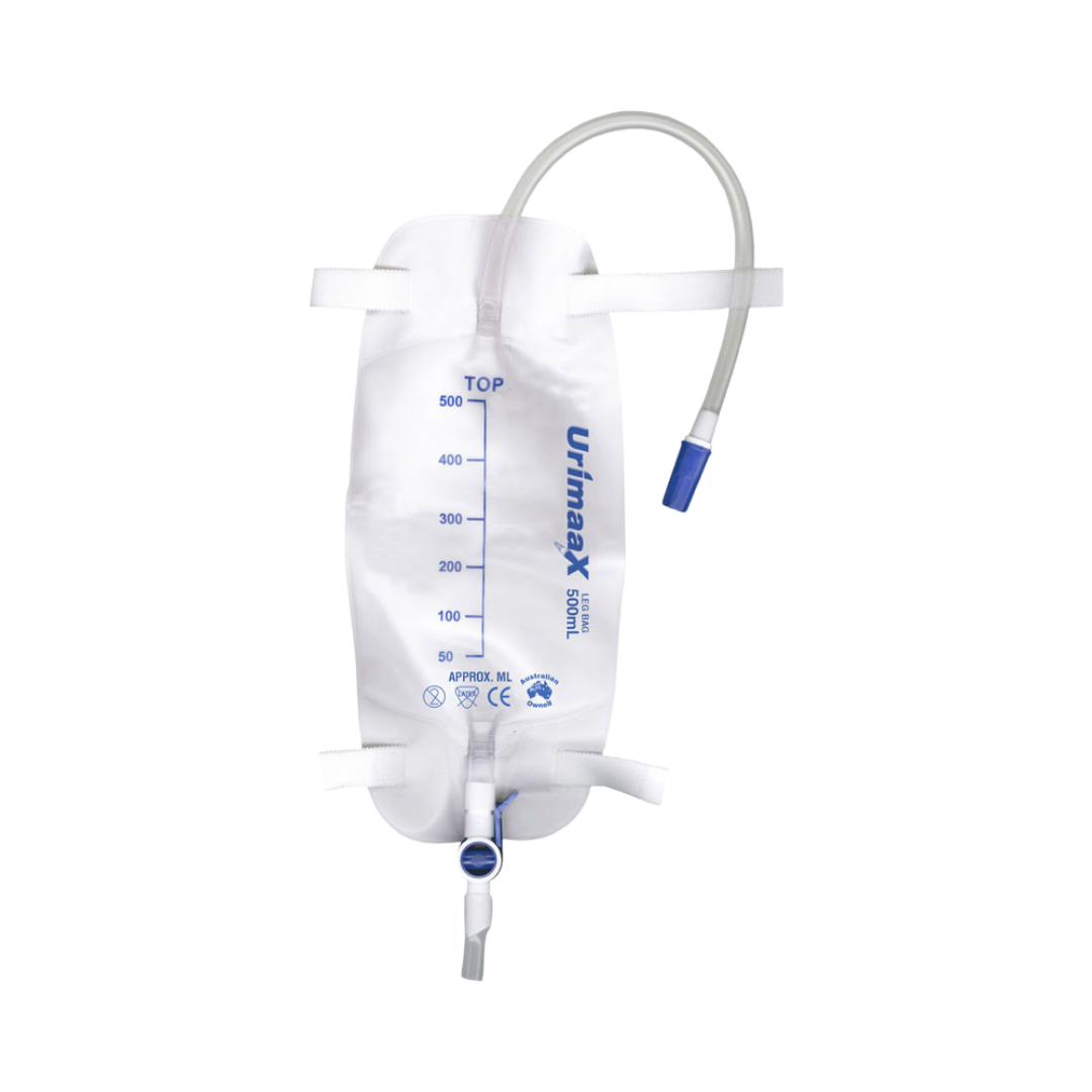 Urimaax leg drainage bag 500ml with 30cm tubing length, graduated measurements, and anti-reflux valve