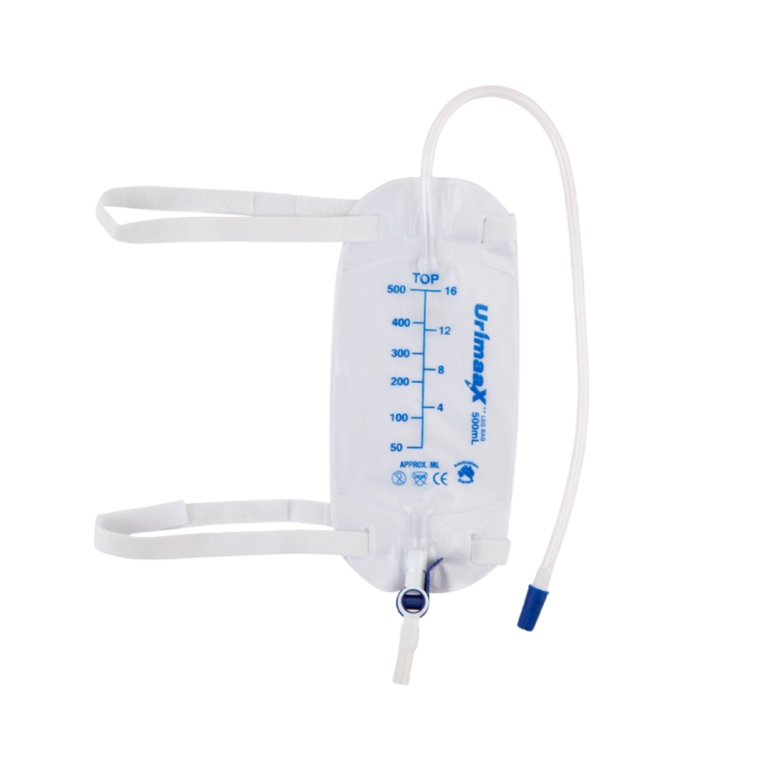 Urimaax leg drainage bag 500ml with 50cm tubing length, medical-grade PVC material, and flip-tap drainage