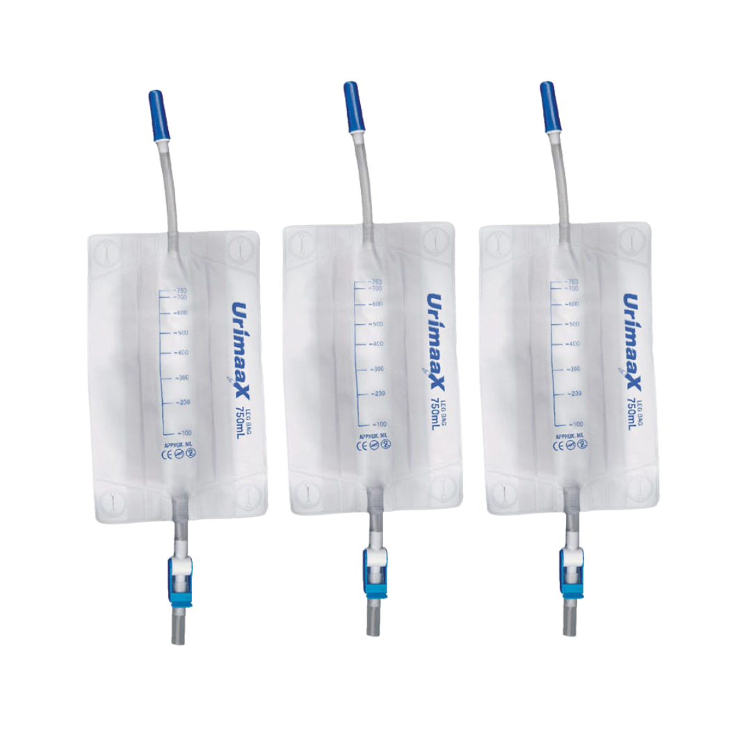 Three Urinax medical bags with measurement markings on a white background