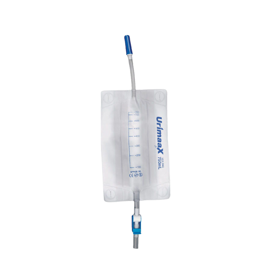 Urimaax sterile leg drainage bag 750ml with 10cm tubing length, universal connector, graduated measurements, and anti-kink tubing