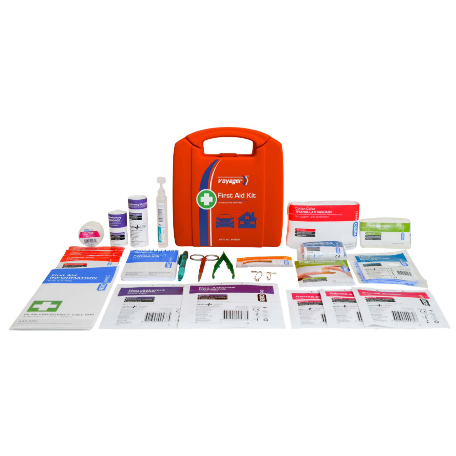 A wide display of the Voyager First Aid Kit contents including gauze swabs, adhesive bandages, plastic tweezers, scissors, and an incident report notebook.