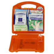 The orange Voyager hard case opened to show tightly packed supplies like AeroPlast bandages, CPR face shield, medical tape, and sterile wound dressings.