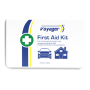 A clean white Voyager First Aid Kit portable hard case with blue and yellow branding, featuring icons for vehicle and domestic use.