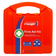 Front view of the orange Voyager First Aid Kit hard case, labeled for home and car use with icons of a vehicle and a house.