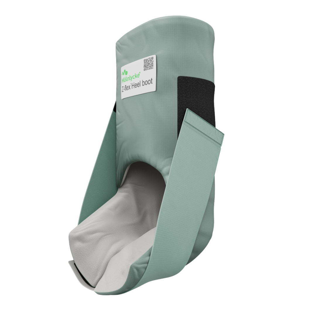 Profile view of the Z-flex Heel Boot showing the adjustable straps and the open-heel design for skin inspection and pressure relief.