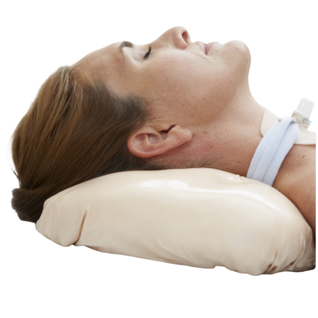 Clinical application of a Mölnlycke Z-Flo Fluidized Positioner being used to comfortably contour and support a patient's head.